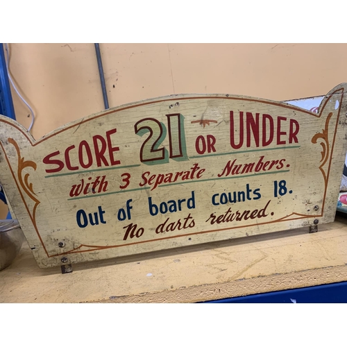 873 - A VINTAGE DOUBLE SIDED WOODEN FAIRGROUND SIGN 55CM X 24CM