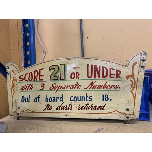 876 - A VINTAGE DOUBLE SIDED WOODEN FAIRGROUND SIGN 55CM X 24CM