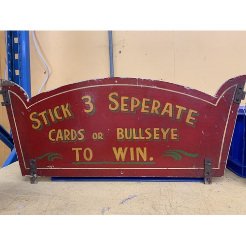 876 - A VINTAGE DOUBLE SIDED WOODEN FAIRGROUND SIGN 55CM X 24CM