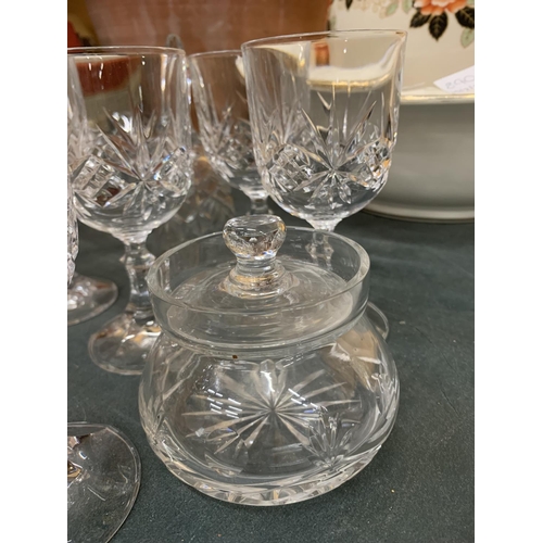 893 - SIX CUT GLASS WINE GLASSES, A DESSERT BOWL, BELL AND LIDDED POT