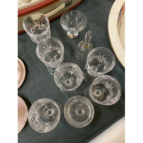 893 - SIX CUT GLASS WINE GLASSES, A DESSERT BOWL, BELL AND LIDDED POT