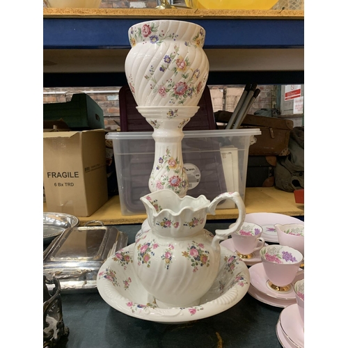 895 - A VINTAGE IRONSTONE WASHBOWL AND JUG PLUS A JARDINIERE