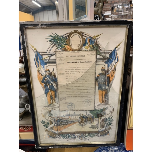 905 - A FRAMED FRENCH LEGION CITATION - GLASS A/F