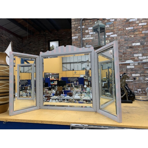 914 - A THREE SECTION GREY PAINTED 'TOLEDO' MIRROR