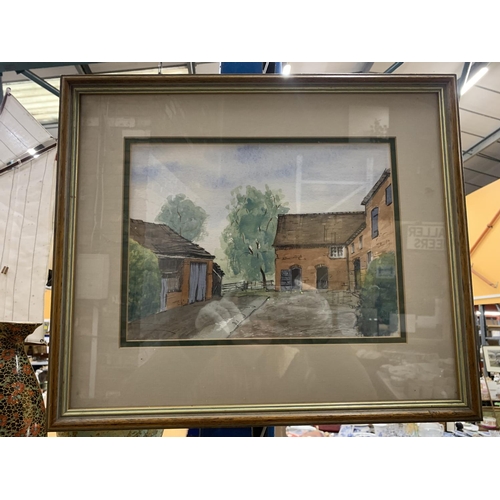 945 - A PEN AND INK WATERCOLOUR OF A BARN SIGNED BOB HARRIS AND A FRAMED PRINT OF A DONKEY