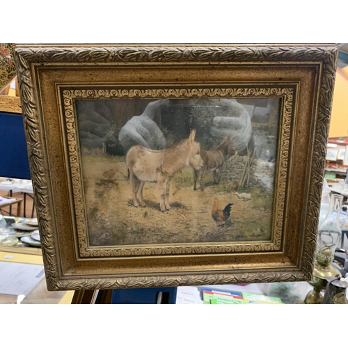 945 - A PEN AND INK WATERCOLOUR OF A BARN SIGNED BOB HARRIS AND A FRAMED PRINT OF A DONKEY