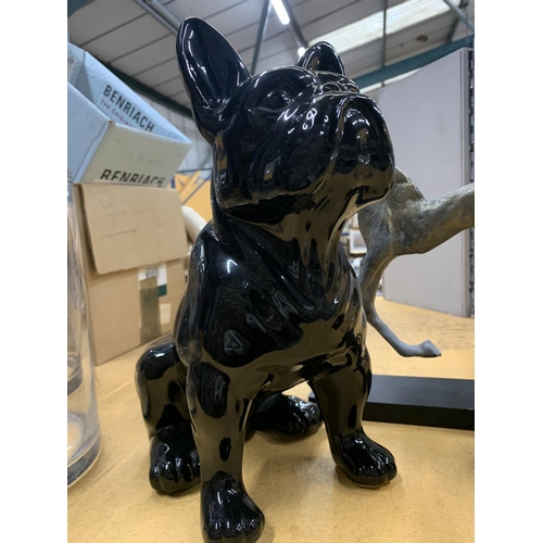 950 - A MODEL OF A LARGE FRENCH BULLDOG, A METAL STATUE OF A HORSE AND A SMALL KITTY