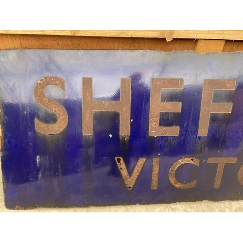 1501 - A VINTAGE ENAMEL RUNNING IN BOARD PLATFORM SIGN FOR SHEFFIELD VICTORIA. THIS SIGN DATES BACK TO THE ... 