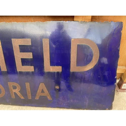 1501 - A VINTAGE ENAMEL RUNNING IN BOARD PLATFORM SIGN FOR SHEFFIELD VICTORIA. THIS SIGN DATES BACK TO THE ... 