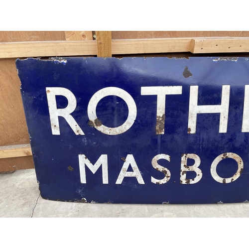 1502 - A VINTAGE ENAMEL RUNNING IN BOARD PLATFORM SIGN FOR ROTHERHAM MASBOROUGH. THIS WAS A LONDON MIDLAND ... 