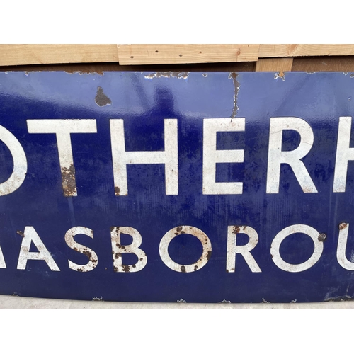 1502 - A VINTAGE ENAMEL RUNNING IN BOARD PLATFORM SIGN FOR ROTHERHAM MASBOROUGH. THIS WAS A LONDON MIDLAND ... 