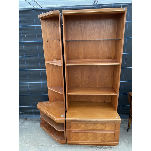 2745 - A RETRO TEAK G PLAN E GOMME OPEN BOOKCASE WITH TWO DRAWERS TO BASE 30 INCHES WIDE AND A MATCHING COR... 