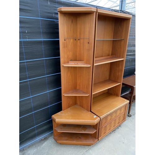 2745 - A RETRO TEAK G PLAN E GOMME OPEN BOOKCASE WITH TWO DRAWERS TO BASE 30 INCHES WIDE AND A MATCHING COR... 