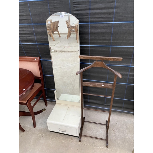 2752 - A WHITE PAINTED CHEVAL MIRROR WITH LOWER DRAWER AND A SUIT STAND