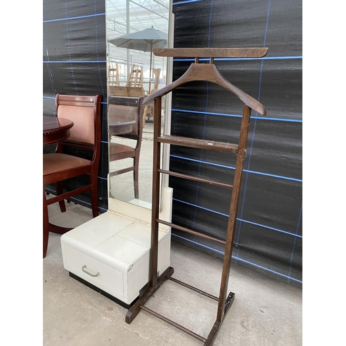 2752 - A WHITE PAINTED CHEVAL MIRROR WITH LOWER DRAWER AND A SUIT STAND