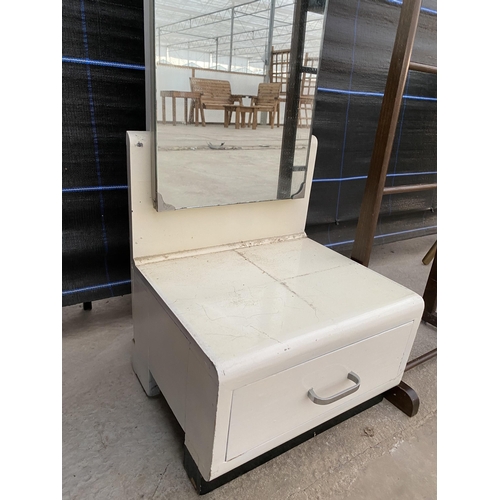 2752 - A WHITE PAINTED CHEVAL MIRROR WITH LOWER DRAWER AND A SUIT STAND