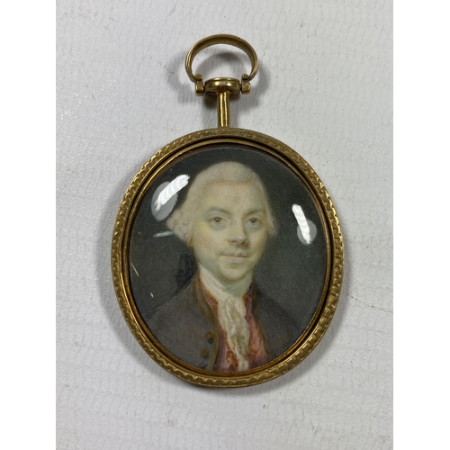 5 - AN ANTIQUE 18TH/19TH CENTURY HAND PAINTED PORTRAIT MINIATURE IN GILT FRAME, LENGTH 5.5CM