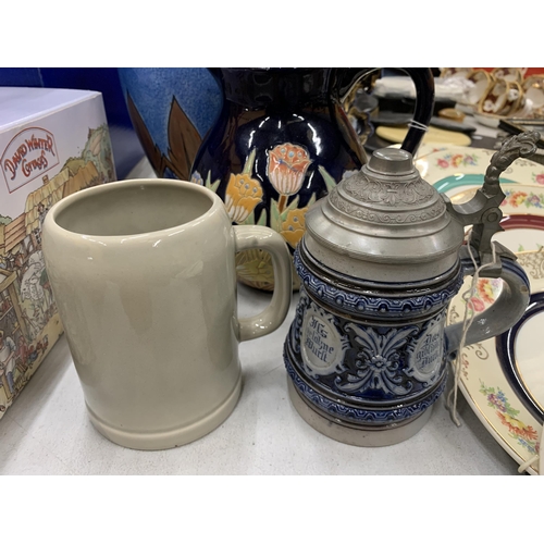 228 - A QUANTITY OF CERAMICS TO INCLUDE VASES, JUGS, TANKARDS, ETC