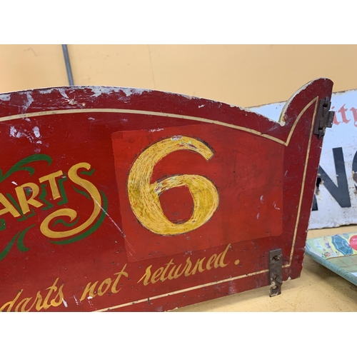 873 - A VINTAGE DOUBLE SIDED WOODEN FAIRGROUND SIGN 55CM X 24CM