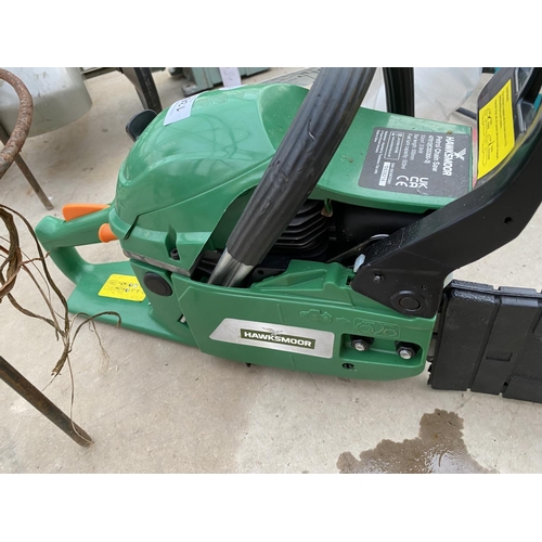 1367 - AN AS NEW HAWKSMOOR PETROL CHAINSAW BELIEVED WORKING BUT NO WARRANTY