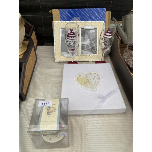 1417 - AN ASSORTMENT OF ITEMS TO INCLUDE PICTURE FRAMES AND CHAMPAGNE FLUTES ETC