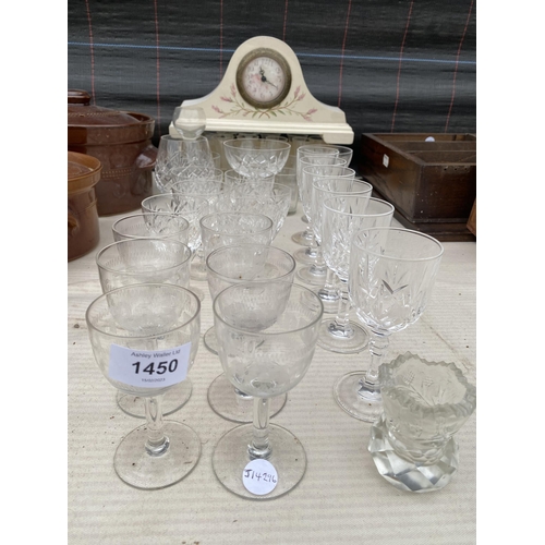 1450 - AN ASSORTMENT OF GLASS WARE AND A MANTLE CLOCK