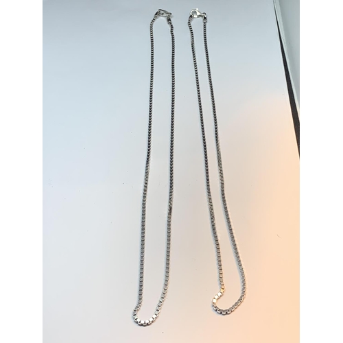 591 - TWO SILVER BOX CHAIN NECKLACES LENGTH 20