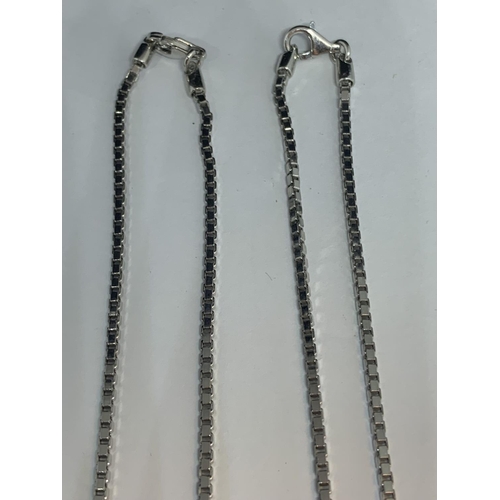 591 - TWO SILVER BOX CHAIN NECKLACES LENGTH 20