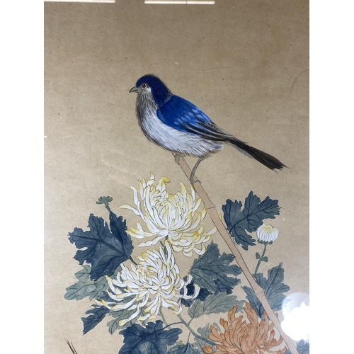 426 - A FRAMED ORIENTAL WATERCOLOUR ON RICE PAPER DEPICTING A BIRD, UNSIGNED, 94 X 33CM