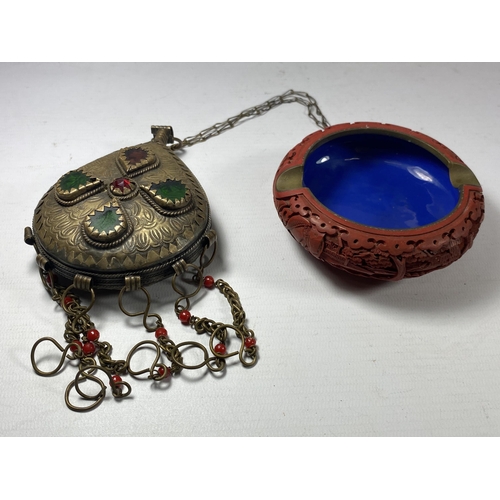 430 - TWO ITEMS - A VINTAGE MIDDLE EASTERN METAL ITEM AND FURTHER CHINESE CINNABAR LACQUERED ASHTRAY