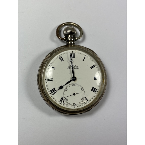 644 - A KAY'S CHALLENGE HALLMARKED SILVER OPEN FACED POCKET WATCH