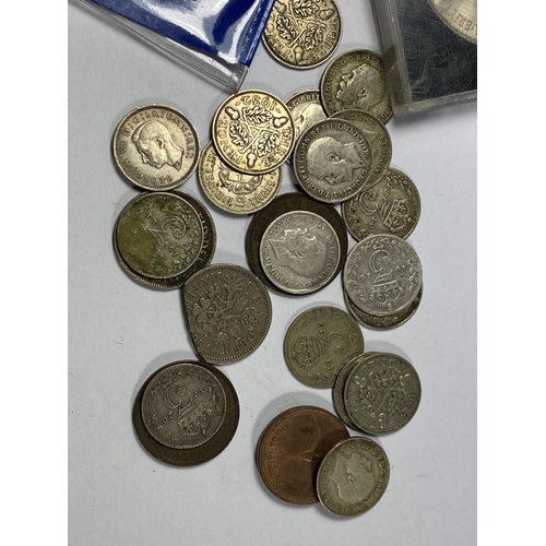 503 - A MIXED LOT OF PRE 1947 SILVER AND FURTHER COINS WITH TWO COMMEMORATIVE COINS