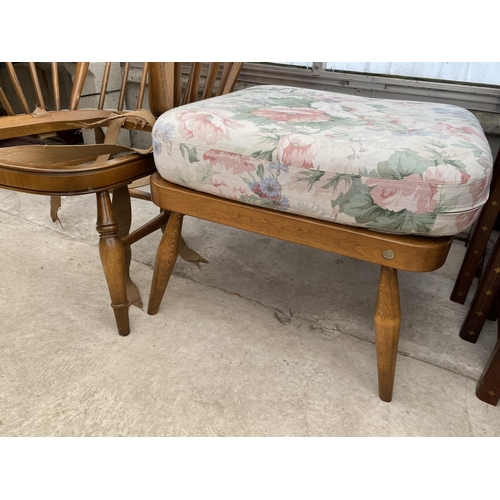 2520 - AN ERCOL FURNITURE WHEELBACK FIRESIDE CHAIR AND STOOL