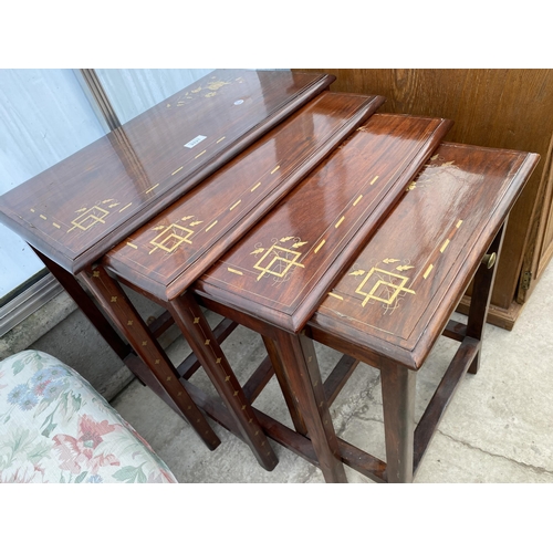 2521 - FOUR HARDWOOD AND BRASS INLAID TABLES, THE SMALL TABLE ENCLOSING A DRAWER