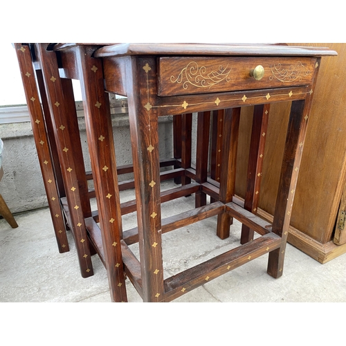 2521 - FOUR HARDWOOD AND BRASS INLAID TABLES, THE SMALL TABLE ENCLOSING A DRAWER