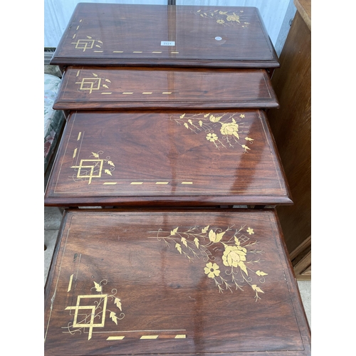 2521 - FOUR HARDWOOD AND BRASS INLAID TABLES, THE SMALL TABLE ENCLOSING A DRAWER