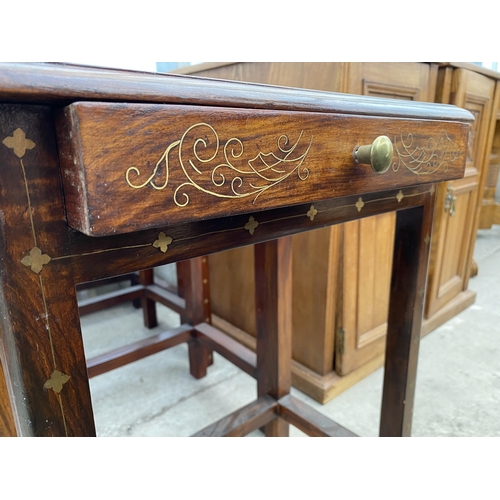 2521 - FOUR HARDWOOD AND BRASS INLAID TABLES, THE SMALL TABLE ENCLOSING A DRAWER