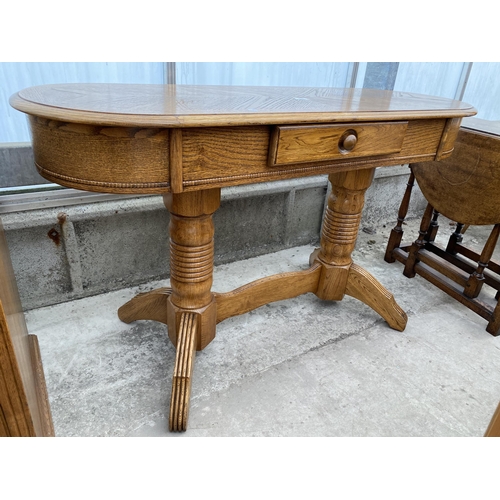 2523 - AN OAK TWIN -PEDESTAL CONSOLE TABLES WITH SINGLE DRAWER, 48