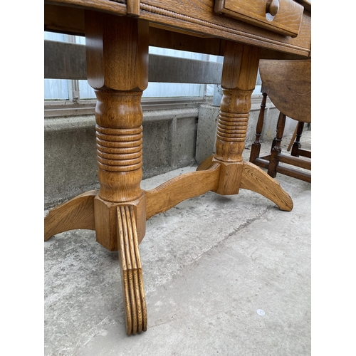 2523 - AN OAK TWIN -PEDESTAL CONSOLE TABLES WITH SINGLE DRAWER, 48