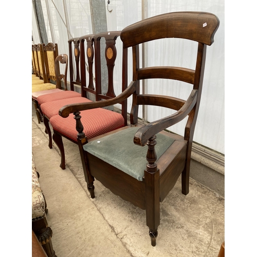 2534 - THREE EDWARDIAN MAHOGANY AND INLAID PARLOUR CHAIRS, VICTORIAN BEDROOM CHAIR AND COMMODE CHAIR