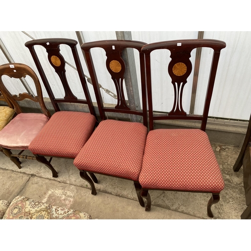 2534 - THREE EDWARDIAN MAHOGANY AND INLAID PARLOUR CHAIRS, VICTORIAN BEDROOM CHAIR AND COMMODE CHAIR