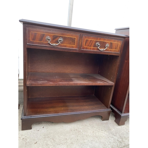 2538 - A REPRODUCTION MAHOGANY AND INLAID OPEN BOOKCASE WITH TWO DRAWERS, 30