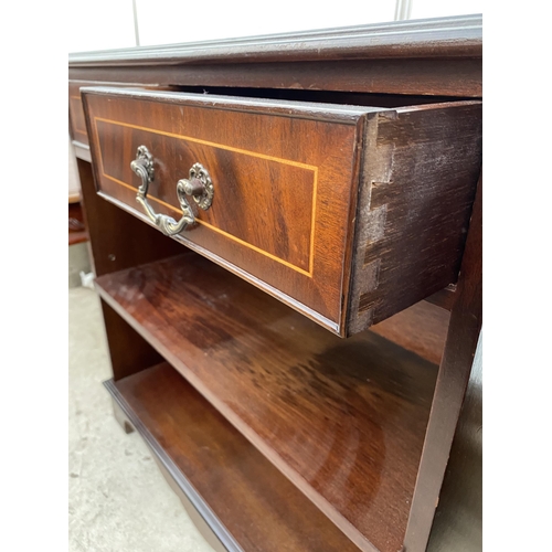 2538 - A REPRODUCTION MAHOGANY AND INLAID OPEN BOOKCASE WITH TWO DRAWERS, 30