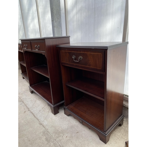 2539 - A REPRODUCTION MAHOGANY AND INLAID OPEN BOOKCASE WITH TWO DRAWERS, 30