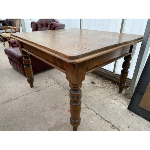 2548 - A VICTORIAN SCRUB-TOP KITCHEN TABLE ON TURNED LEGS, WITH SINGLE DRAWER, 47X42