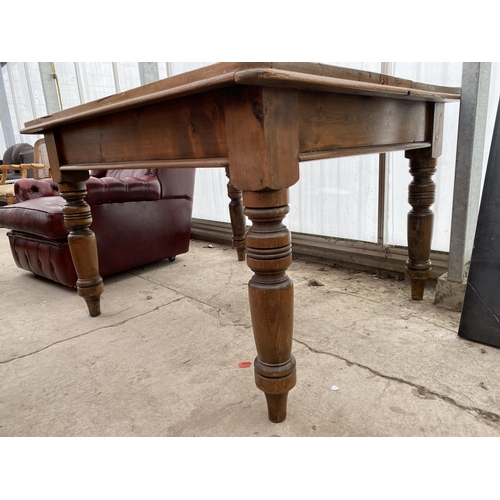 2548 - A VICTORIAN SCRUB-TOP KITCHEN TABLE ON TURNED LEGS, WITH SINGLE DRAWER, 47X42