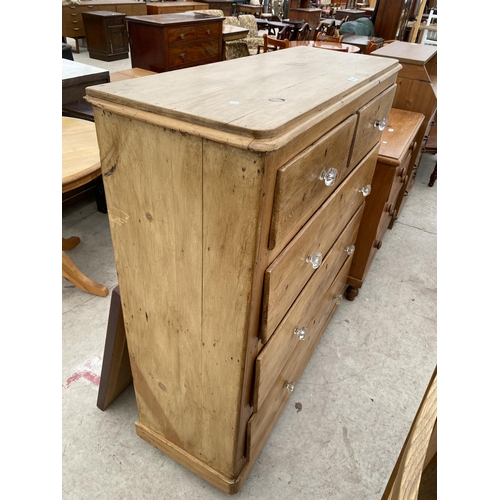 2551 - A VICTORIAN PINE CHEST OF TWO SHORT AND THREE LONG DRAWERS WITH GLASS KNOBS, 46