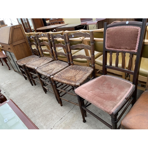 2562 - FOUR SPANISH STYLE RUSH SEATED CHAIRS AND AN EDWARDIAN BEDROOM CHAIR