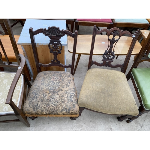 2567 - AN EDWARDIAN MAHOGANY AND INLAID ELBOW CHAIR, TWO EDWARDIAN NURSING CHAIR AND DINING CHAIR