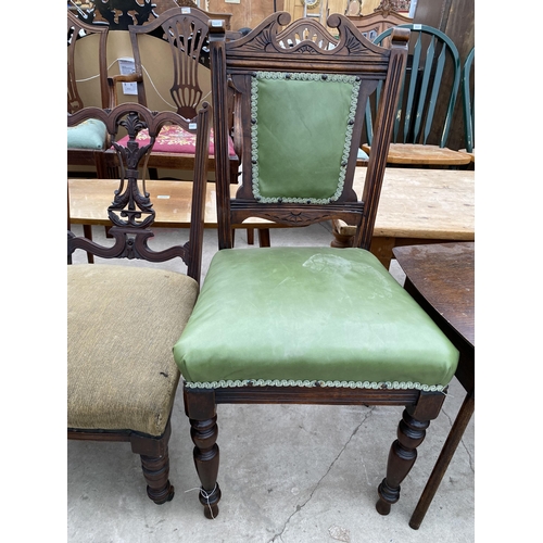 2567 - AN EDWARDIAN MAHOGANY AND INLAID ELBOW CHAIR, TWO EDWARDIAN NURSING CHAIR AND DINING CHAIR